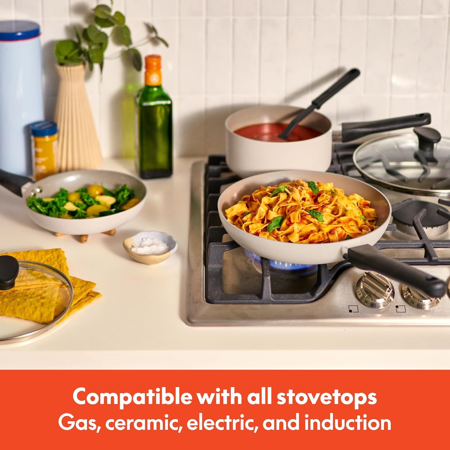 image:imagebella 12 Piece Cookware Set with EverGood Ceramic Nonstick Coating Dishwasher amp Oven Safe All Stovetops Compatible Tempered Glass Lids and Cool Touch Handles BlackOatmilk