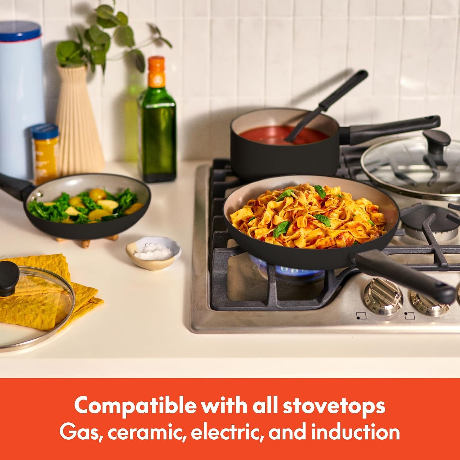 image:imagebella 12 Piece Cookware Set with EverGood Ceramic Nonstick Coating Dishwasher amp Oven Safe All Stovetops Compatible Tempered Glass Lids and Cool Touch Handles BlackBlack