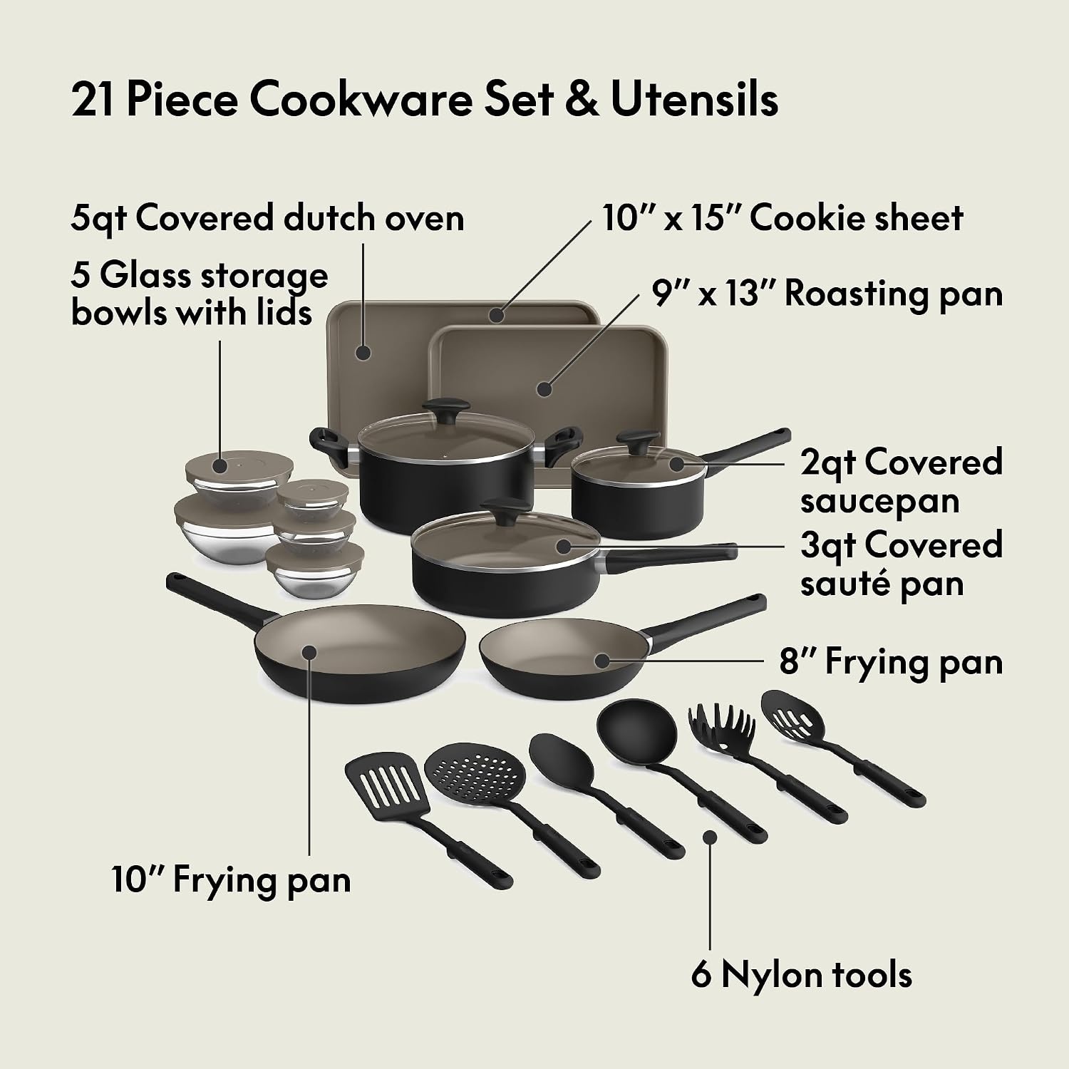 image:imagebella 12 Piece Cookware Set with EverGood Ceramic Nonstick Coating Dishwasher amp Oven Safe All Stovetops Compatible Tempered Glass Lids and Cool Touch Handles BlackBlack