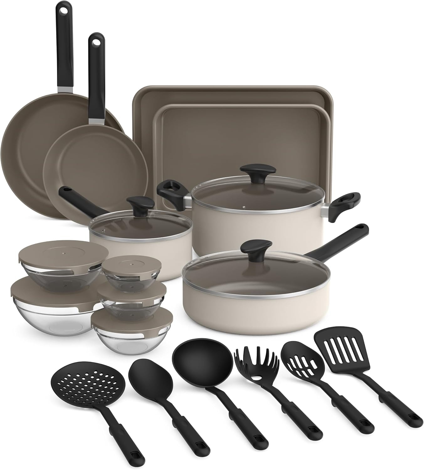 image:imagebella 12 Piece Cookware Set with EverGood Ceramic Nonstick Coating Dishwasher amp Oven Safe All Stovetops Compatible Tempered Glass Lids and Cool Touch Handles BlackOatmilk