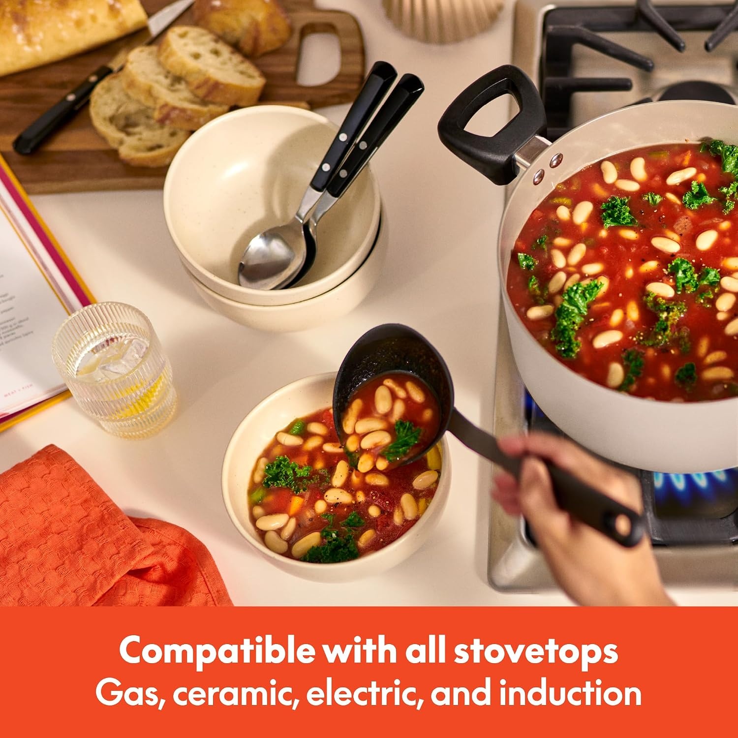 image:imagebella 12 Piece Cookware Set with EverGood Ceramic Nonstick Coating Dishwasher amp Oven Safe All Stovetops Compatible Tempered Glass Lids and Cool Touch Handles BlackOatmilk