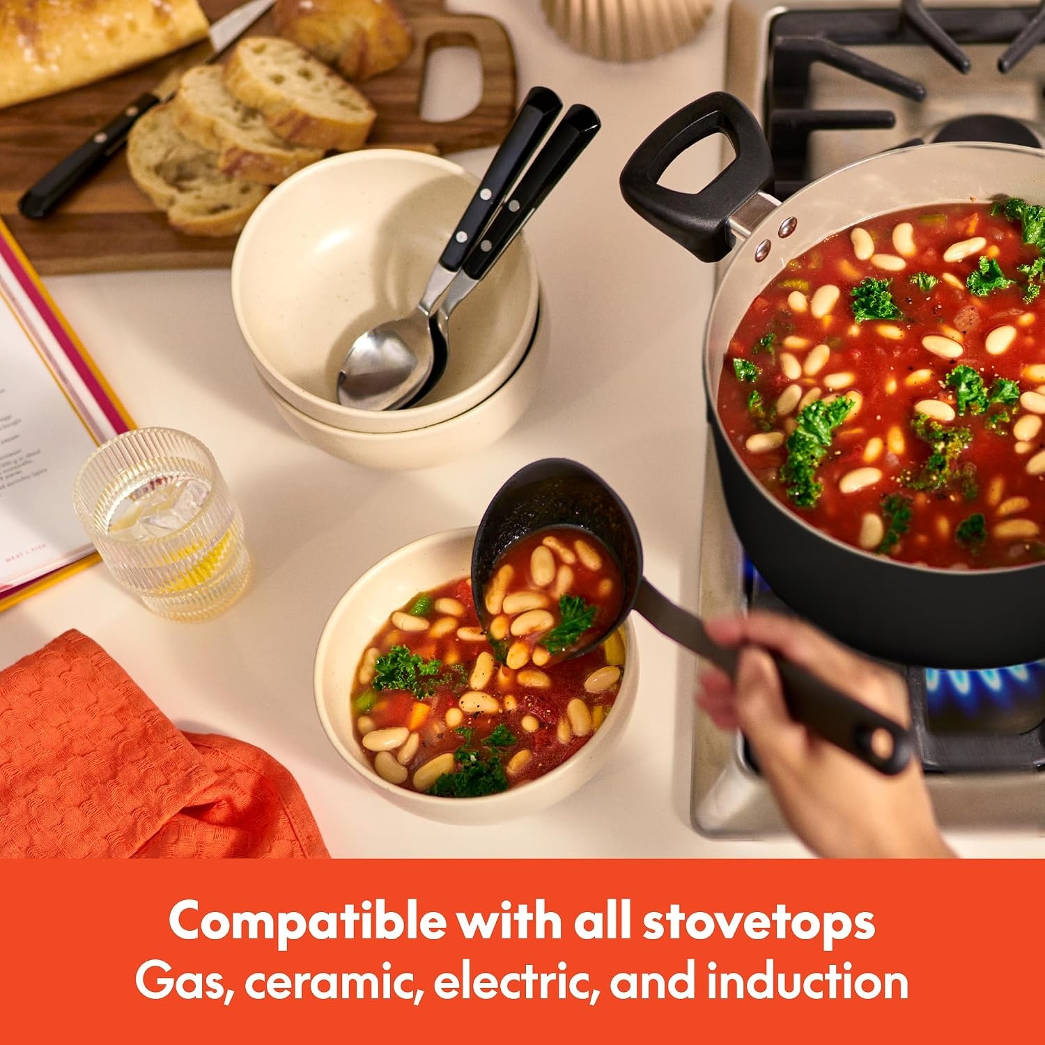 image:imagebella 12 Piece Cookware Set with EverGood Ceramic Nonstick Coating Dishwasher amp Oven Safe All Stovetops Compatible Tempered Glass Lids and Cool Touch Handles BlackBlack