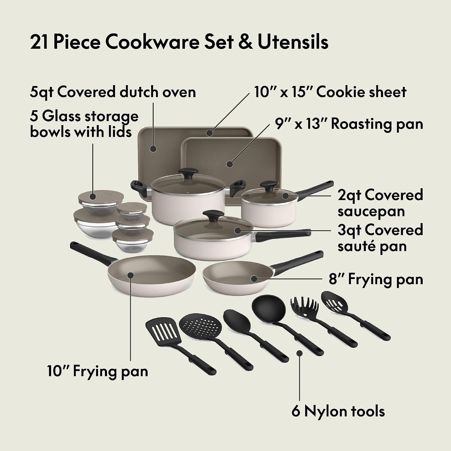 image:imagebella 12 Piece Cookware Set with EverGood Ceramic Nonstick Coating Dishwasher amp Oven Safe All Stovetops Compatible Tempered Glass Lids and Cool Touch Handles BlackOatmilk