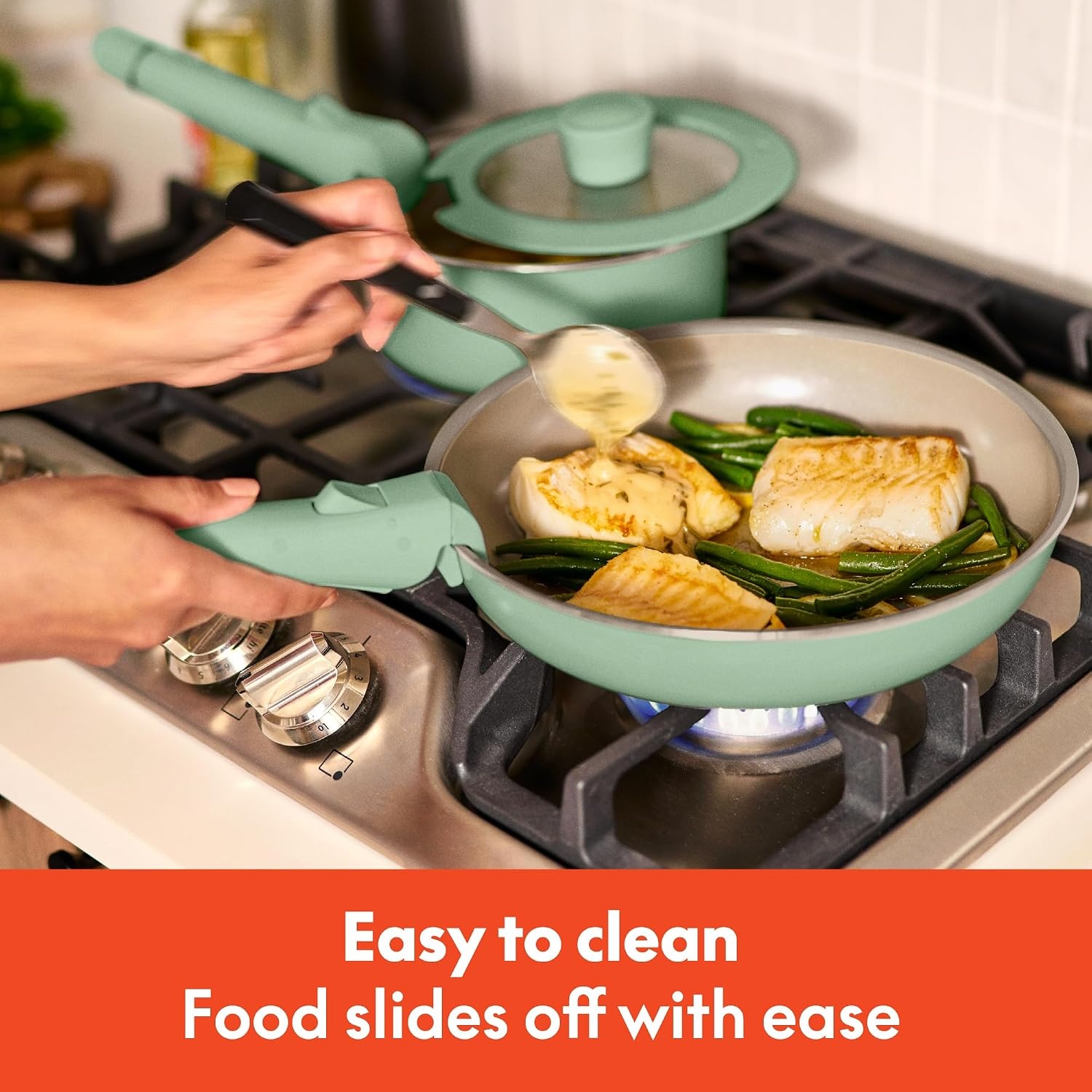 image:imagebella 8 Piece Removable Handle EverGood NonToxic Cookware Set OatmilkSeaglass