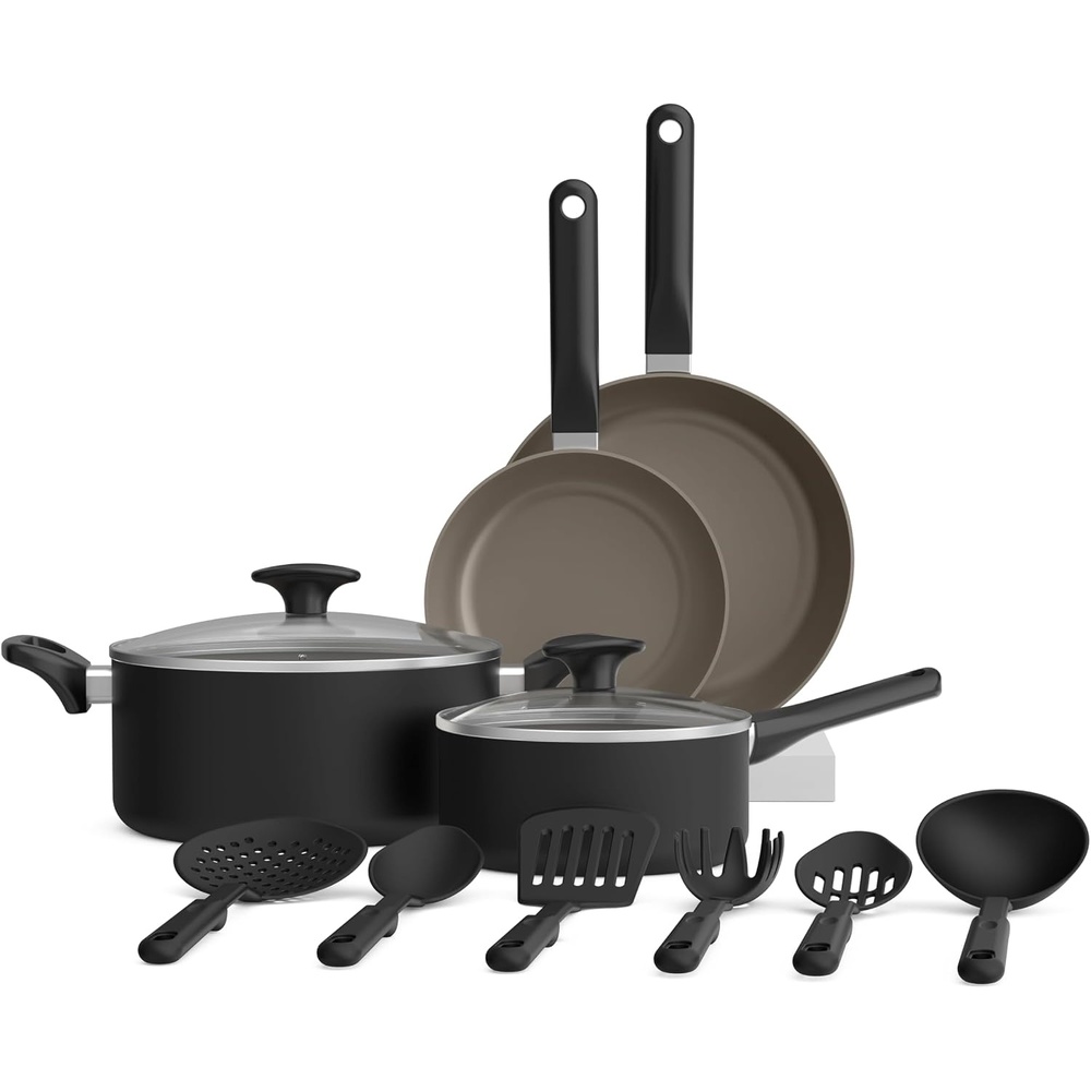 image:imagebella 12 Piece Cookware Set with EverGood Ceramic Nonstick Coating Dishwasher amp Oven Safe All Stovetops Compatible Tempered Glass Lids and Cool Touch Handles BlackBlack