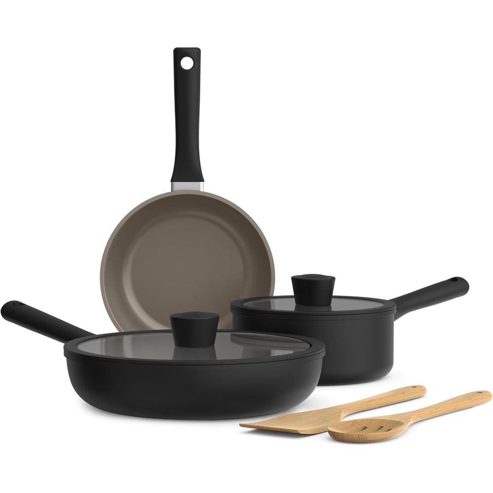 image:imagebella 7 Piece Cookware Set with EverGood Ceramic Nonstick Coating Dishwasher Safe Oven Safe All Stovetops Compatible Glass Lids with Silicone Rims Cool Touch Handles BlackBlack