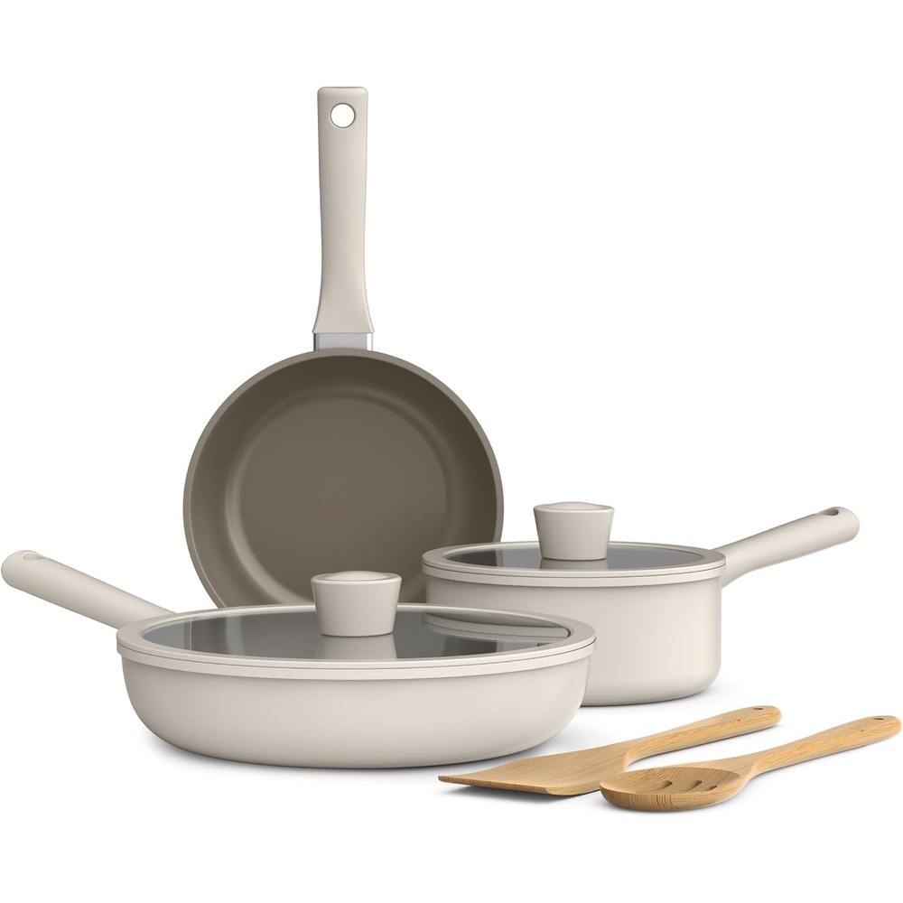 image:imagebella 7 Piece Cookware Set with EverGood Ceramic Nonstick Coating Dishwasher Safe Oven Safe All Stovetops Compatible Glass Lids with Silicone Rims Cool Touch Handles BlackOatmilk