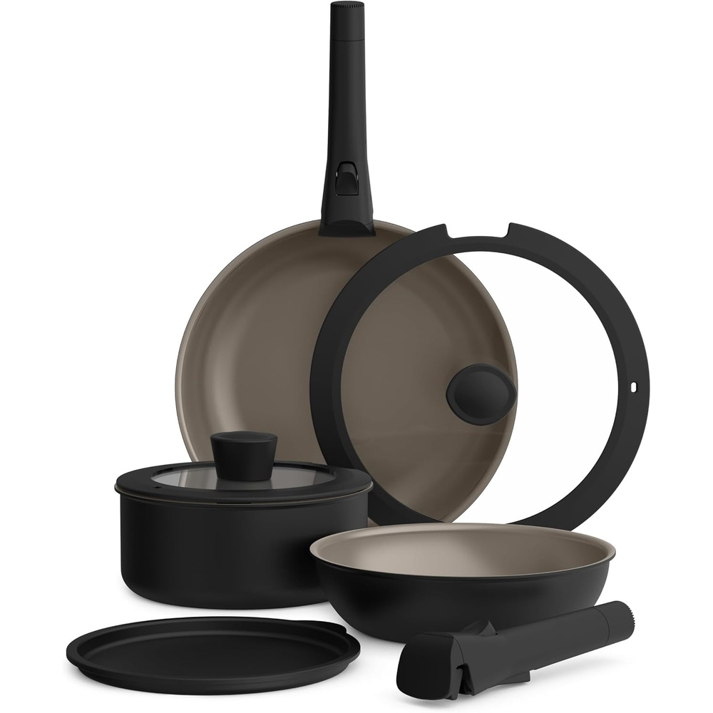image:imagebella 8 Piece Removable Handle EverGood NonToxic Cookware Set OatmilkBlack