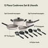 bella 12 Piece Cookware Set with EverGood™ Ceramic Nonstick Coating​, Dishwasher & Oven Safe, All Stovetops Compatible, Tempered Glass Lids and Cool Touch Handles, Black(Oatmilk)