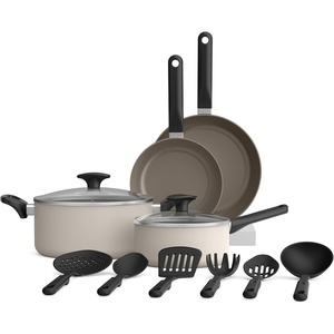 bella 12 Piece Cookware Set with EverGood™ Ceramic Nonstick Coating​, Dishwasher & Oven Safe, All Stovetops Compatible, Tempered Glass Lids and Cool Touch Handles, Black(Oatmilk)
